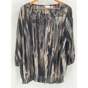 Chicos Top Women's Size XL 3 Cinch Waist Brown Black Sheer 3/4‎ Sleeve